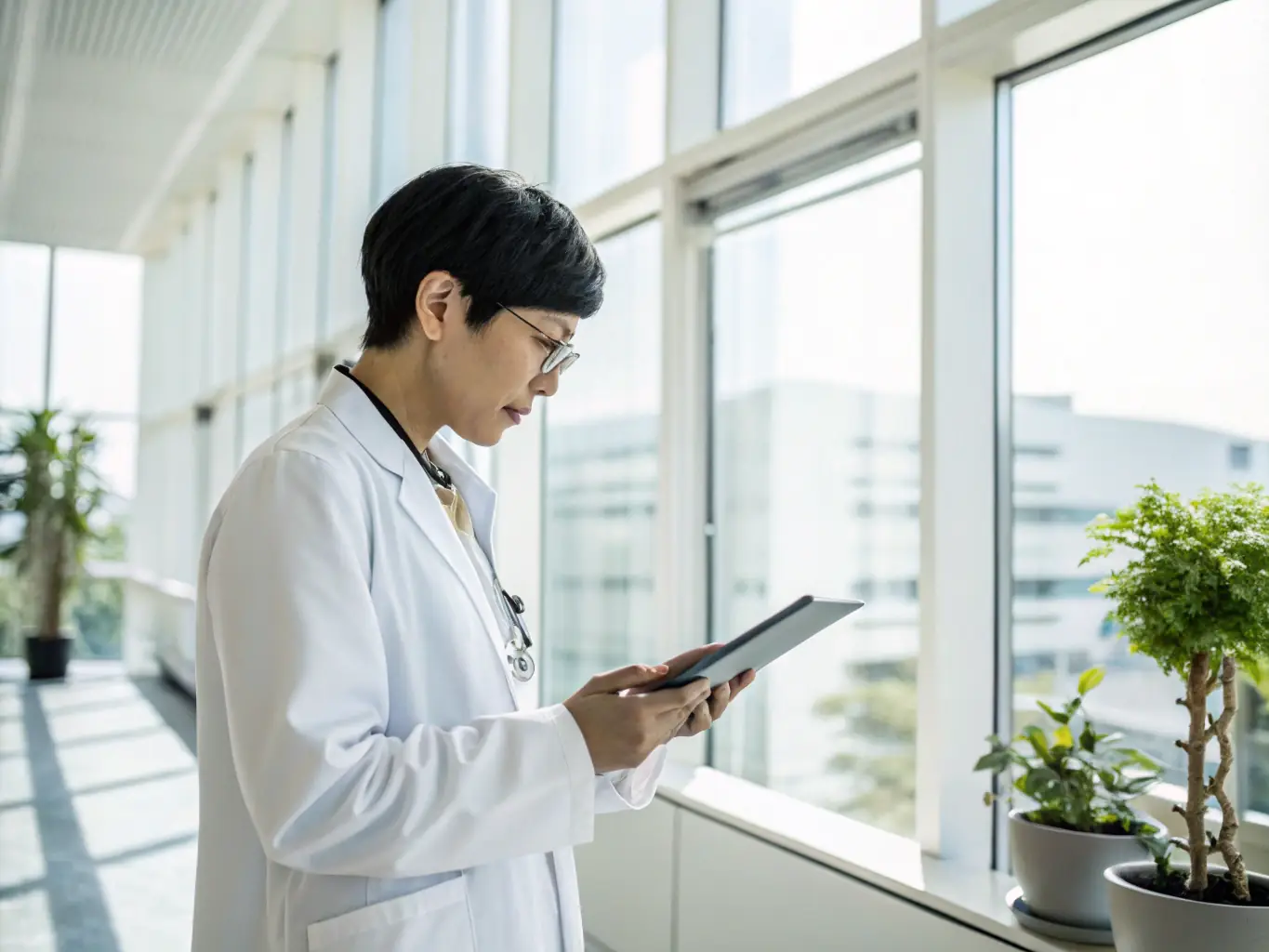 An image of a healthcare professional analyzing operational data on a digital tablet in a hospital setting, focusing on optimizing workflows.
