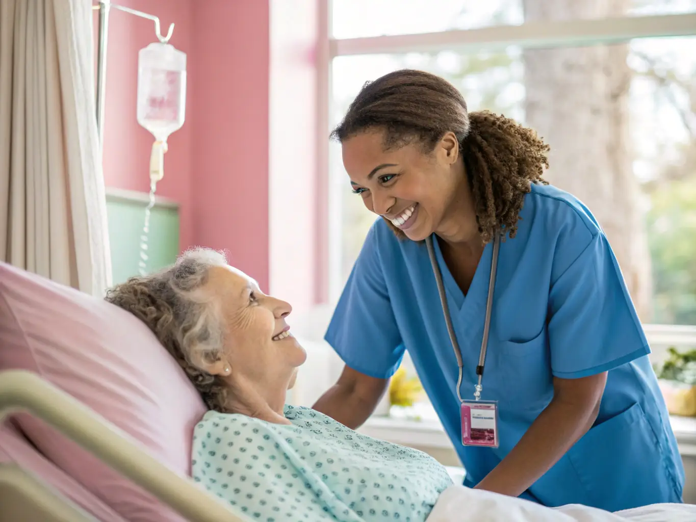 A nurse interacting with a patient, showcasing improved patient care pathways and patient-centered experiences.