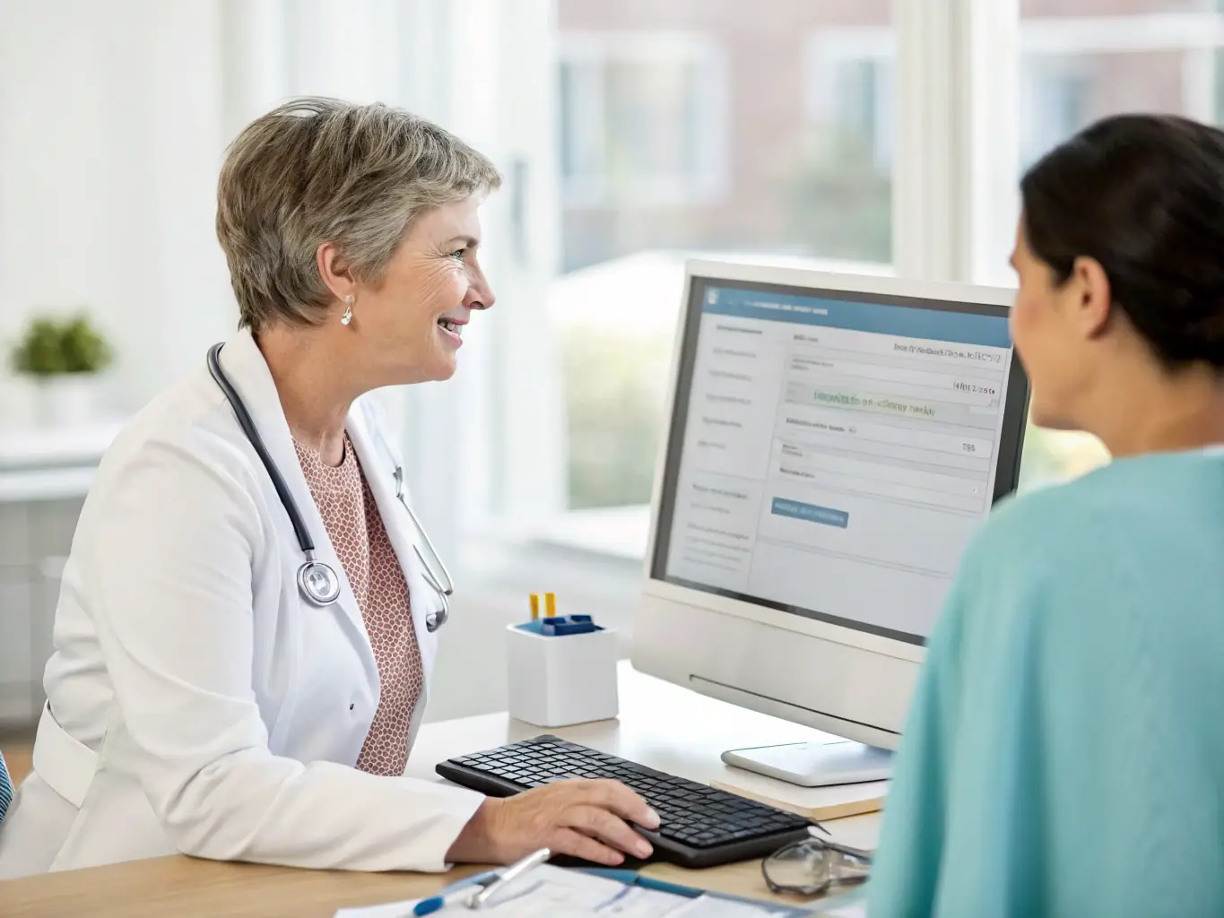 A healthcare professional demonstrating a telehealth platform on a laptop to a patient, showcasing digital health solutions.
