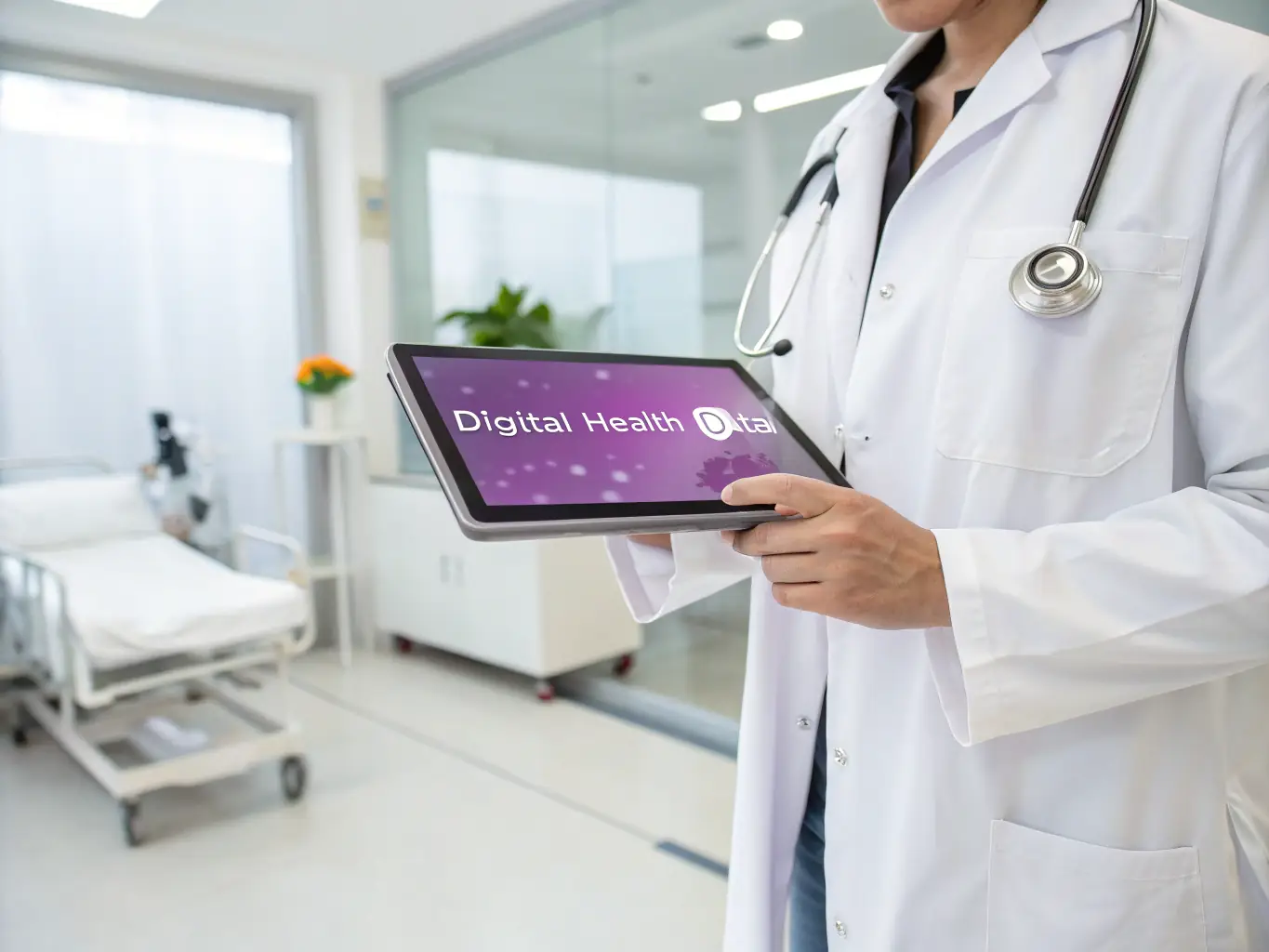 A consultant reviewing operational data on a tablet in a modern hospital setting, focusing on healthcare operations optimization.
