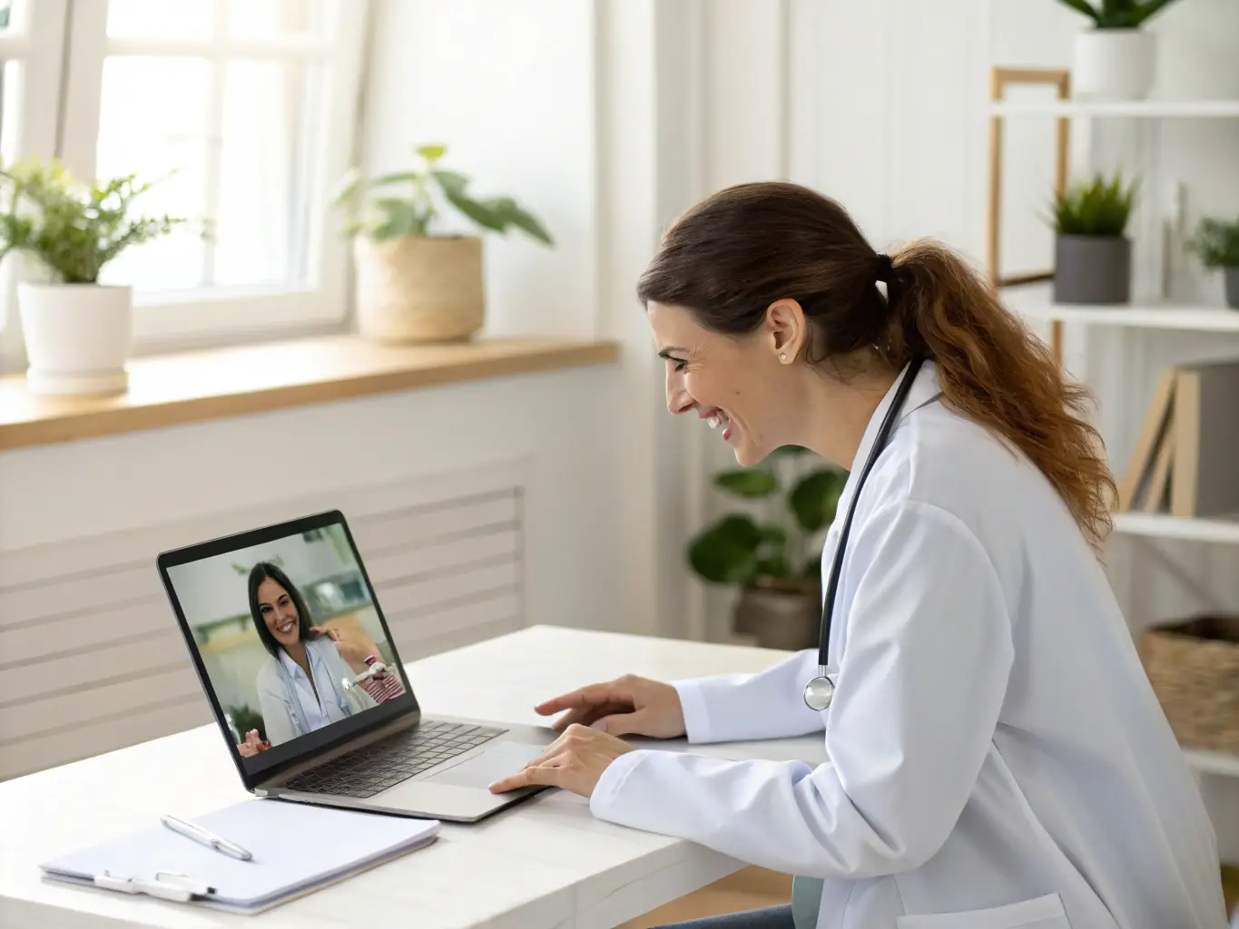 A healthcare professional demonstrating a telehealth platform on a laptop to a patient.