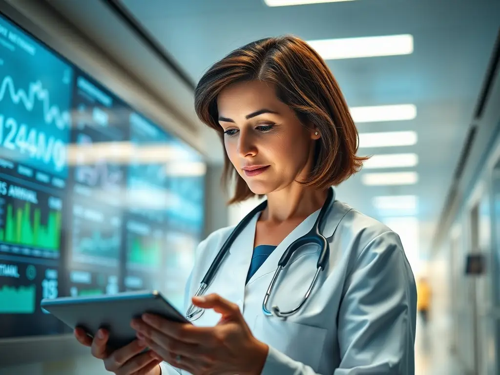 An image of a healthcare professional analyzing operational data on a digital tablet in a hospital setting.