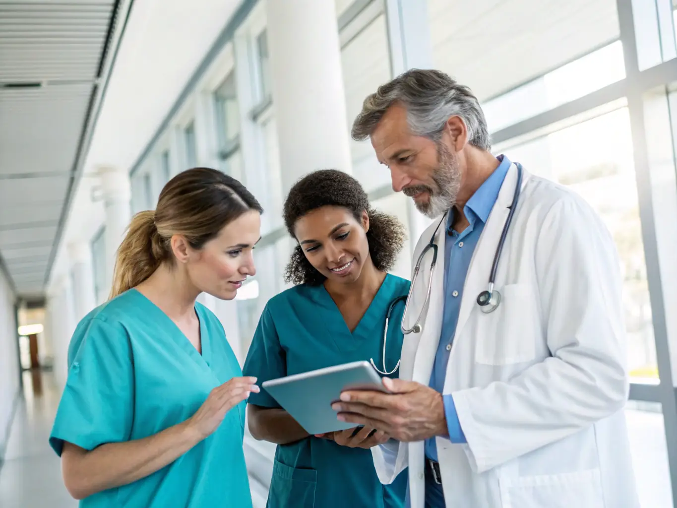 A healthcare team reviewing patient flow charts and care pathways on a digital screen, representing Patient Process Improvement.