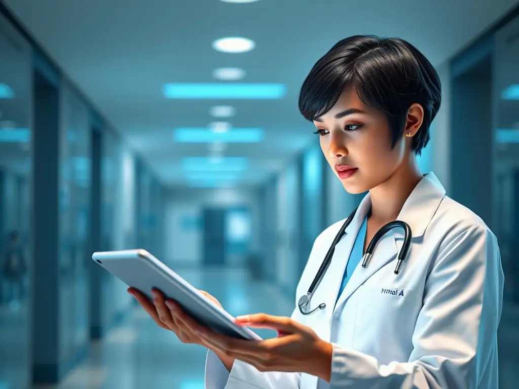 An image of a healthcare professional analyzing operational data on a digital tablet in a hospital setting, representing Healthcare Operations Optimization.